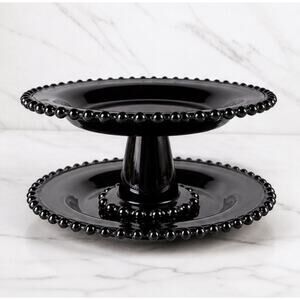 Black Glass Candlewick Style 2 Tier Display Tidbit Desert Cupcake Pedestal Stand